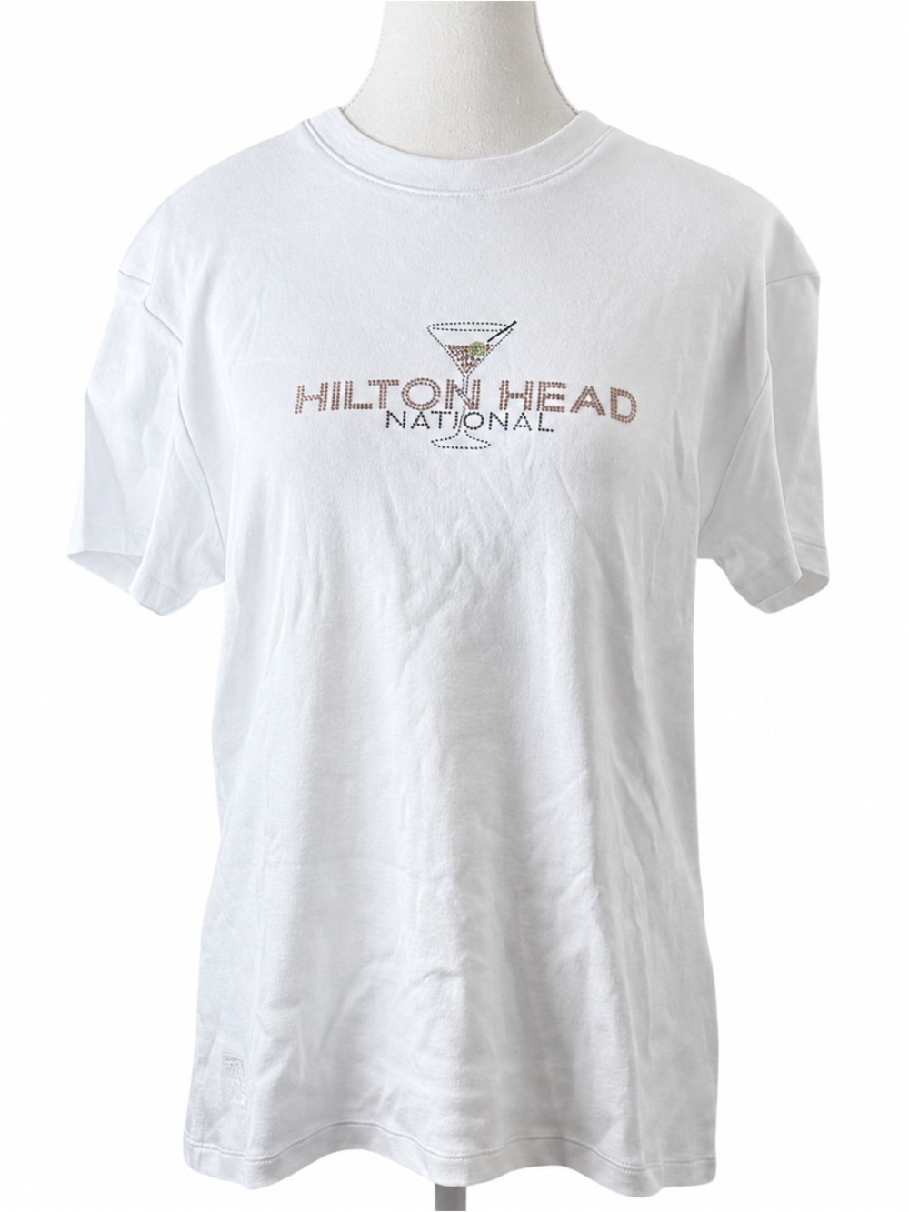 Kate Lord Hilton Head Womens L Rhinestone Martini Graphic Tee White Cotton Shirt